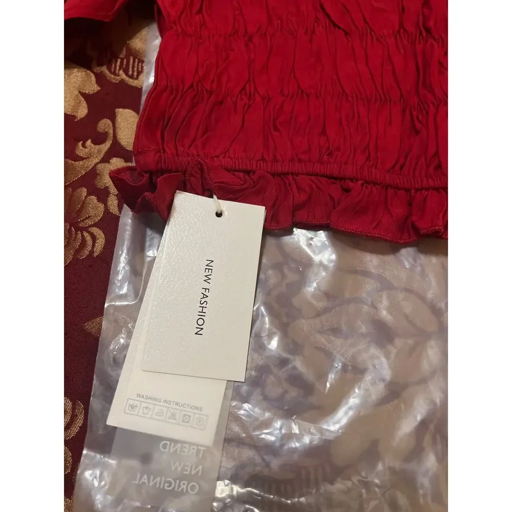 Dark Red Square Neck Ruffled Lantern Sleeve Cropped Top NWT Size L - Picture 9 of 10